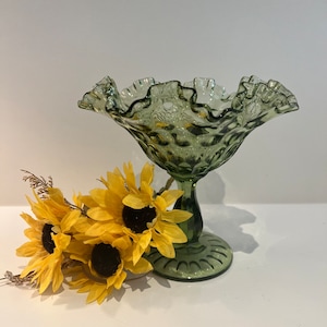 Vintage Fenton colonial green glass thumbprint compote | ruffled pedestal candy dish, bowl | 7”