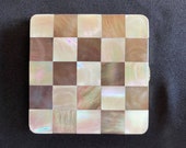 Vintage Mother of Pearl Compact Checkerboard w Powder Puff Mirror Brass