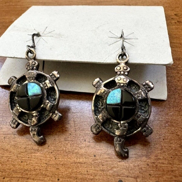 Signed Sterling Silver Turtle Earrings Opal Black Onyx Inlay Native American