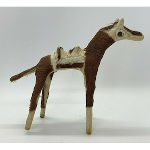 Folk Art Handmade Sculpture Animal Figure Horse Pony w Calf Hair Carved Wooden OOAK