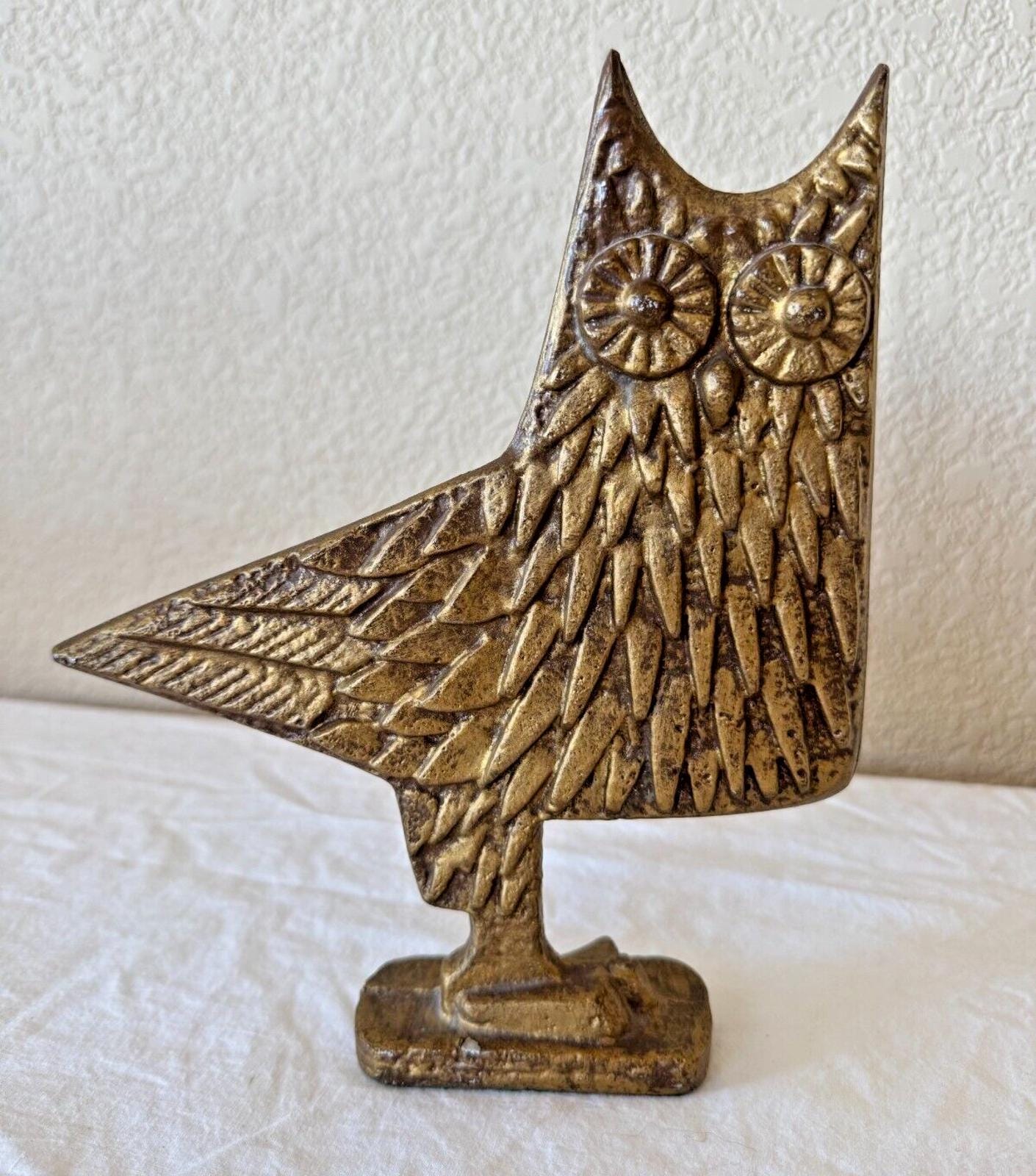 Mid Century Horned Owl Sculpture Modernist Figurine Gold Metal Statue Art MCM
