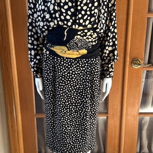 Vtg 80s 100% Silk Black Dress Yellow PolkaDot Ruched Blouson M 10
