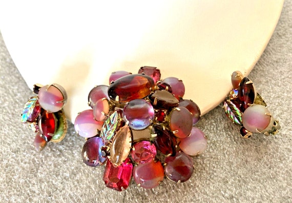 Juliana D&E Purple Pink Brooch Earrings Set Dome … - image 1