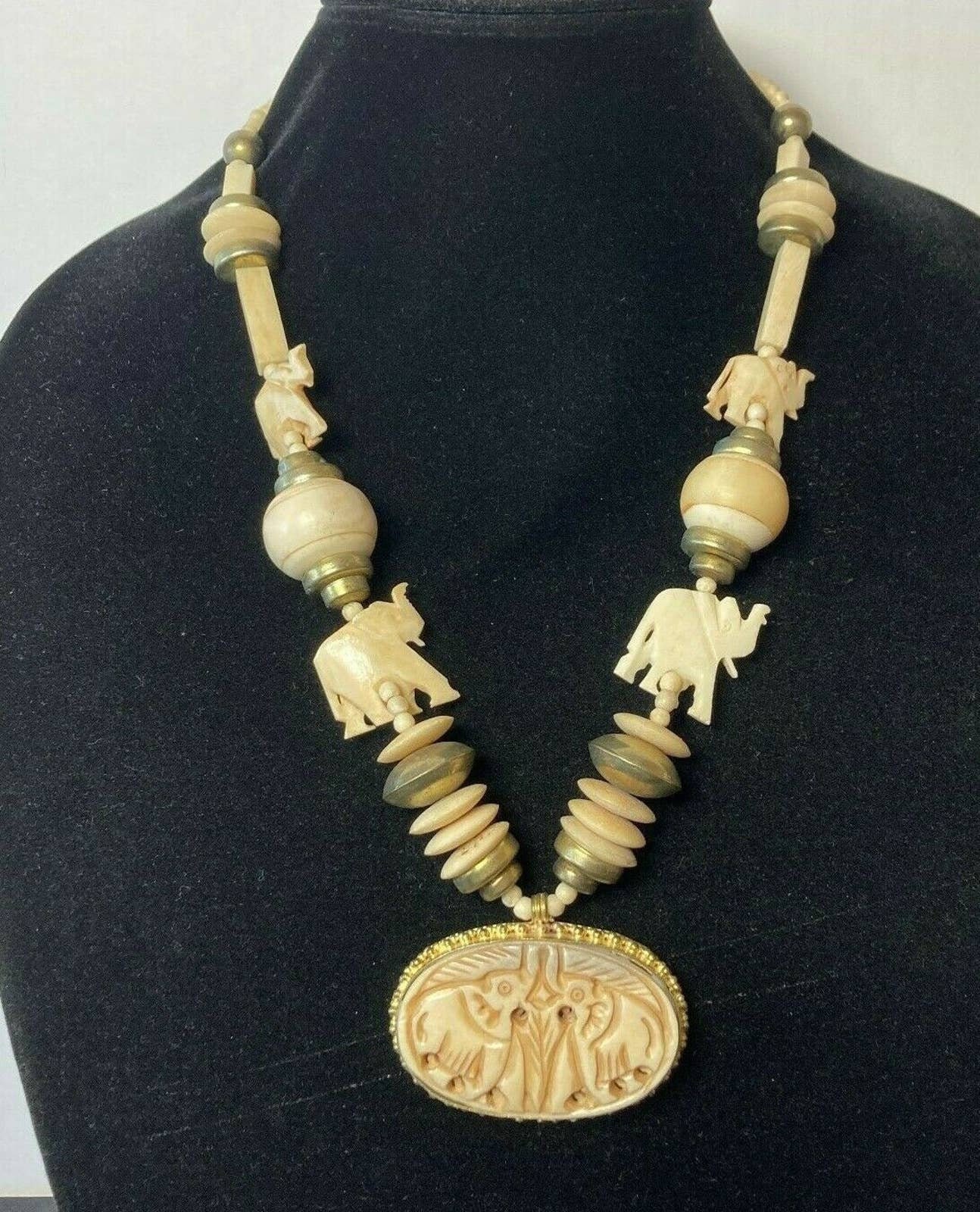 Vintage Carved Elephant Medallion Necklace Tribal Large Chunky