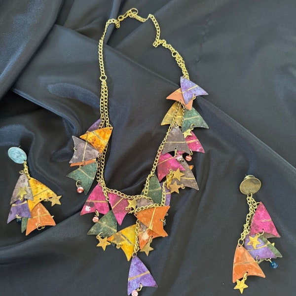 Vtg Modernist Triangles Stars Metal & Bead Necklace Earrings Set Multicolor BOHO