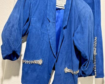 Vtg 80s Claude Montana pour Ideal Cuir Blue Suede Skirt Suit Sz 36 Rhinestones