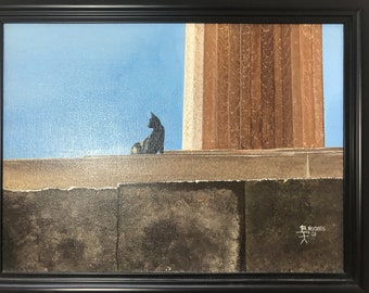 Greek Temple Rhodes Konosos Modernistic Acrylic Painting Signed HODGES Black CAT Framed Modernist Wall Decor