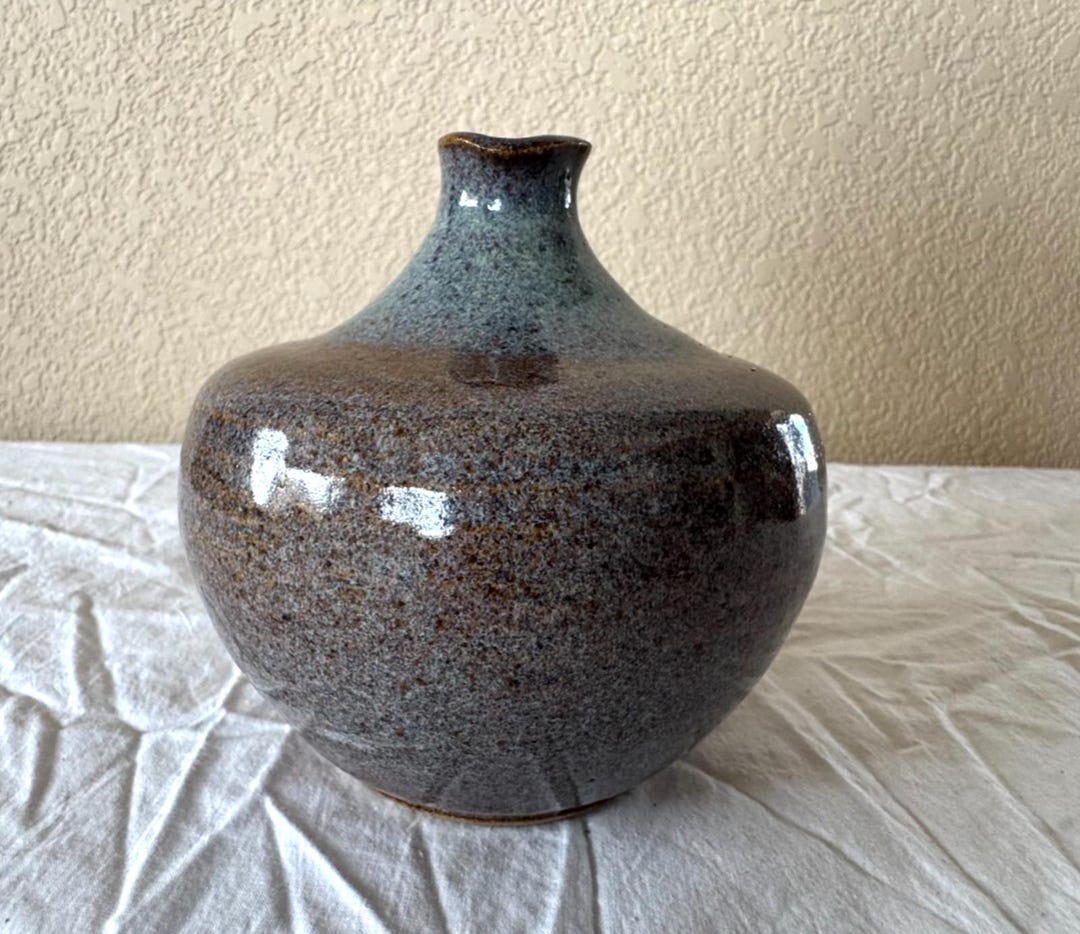 Signed Studio Pottery Bud Vase Drip Glazed 6" Gray Brown Artisan Made ...