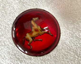 Vintage Rosette Lucite Domed Clip Red Running Horse Equestrian 2"