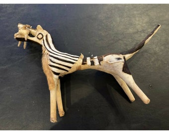 Folk Art Handmade Abstract Sculpture Okapi Animal Horse Calf Hair Carved Wooden OOAK