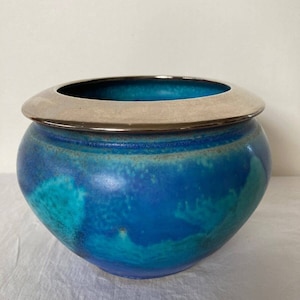 Vintage Handmade Studio Pottery Blue Round Circular Vase Signed Silver Band Rim