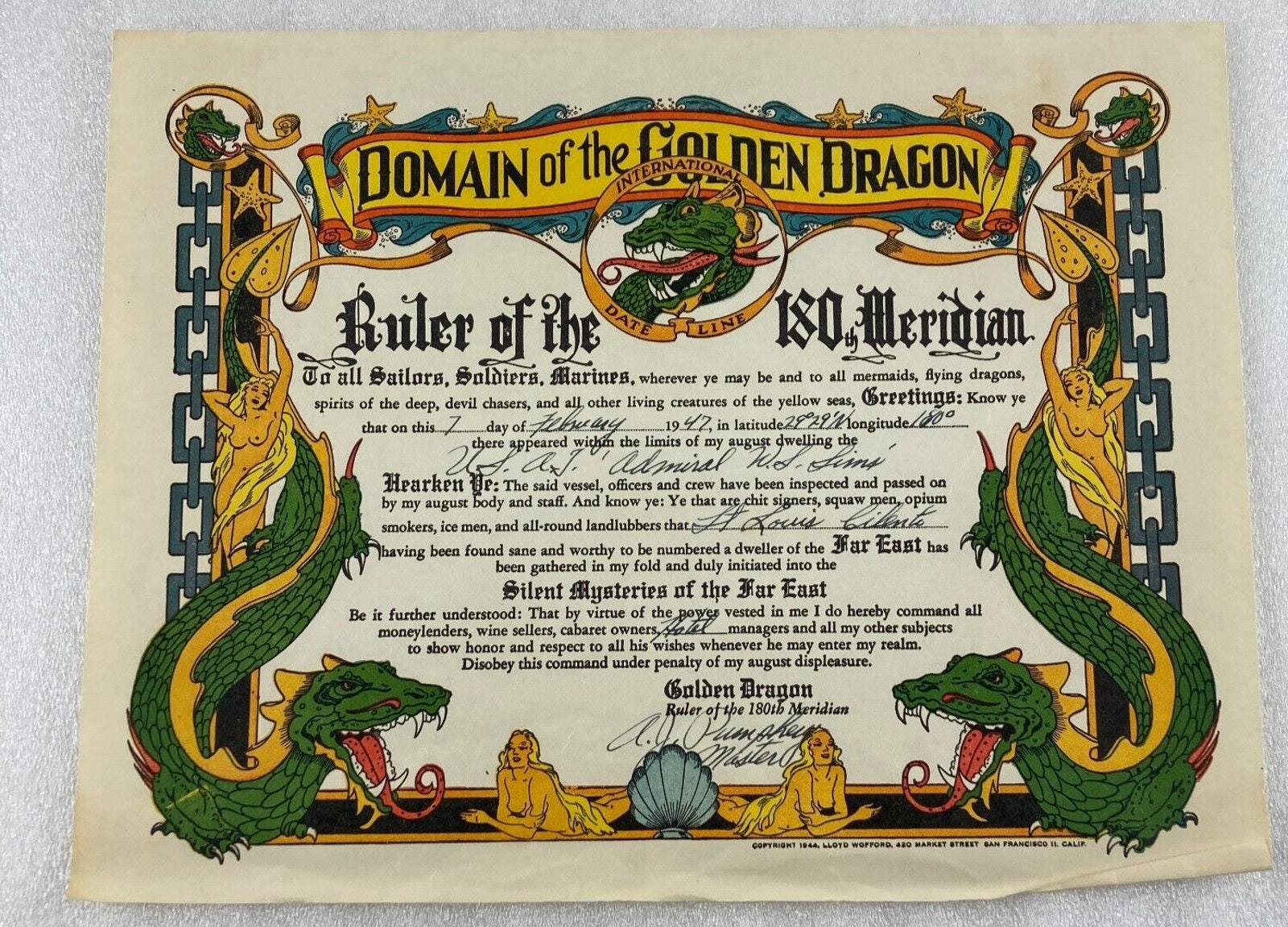 Domain of the GOLDEN DRAGON CERTIFICATE 1947 Copyright 1944 - Etsy