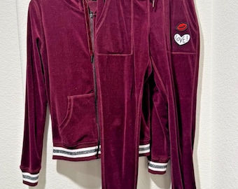 Y2K Betsey Johnson Performance Hoodie Pants Set Size S Wine Velour Full Zip Jacket