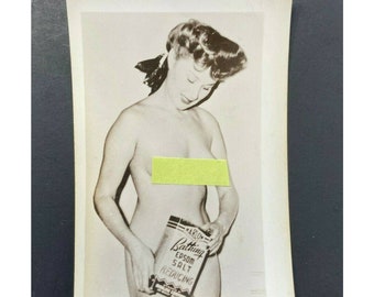 Vtg 1950's Risqué Woman Photo 4" x 2.5" Topless Holding Epsom Salt Orig Snapshot