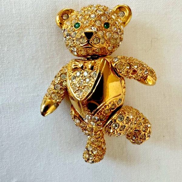Joan Rivers Jointed Teddy Bear Brooch Pin Gold Tone Clear Rhinestones Sweet