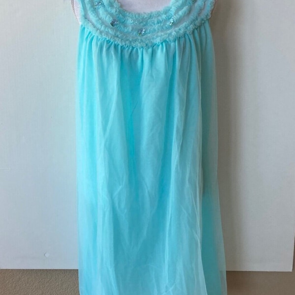 Vintage Baby Doll Chiffon Nightie Night Gown Turquoise Blue Ruffle Sz M Adonna