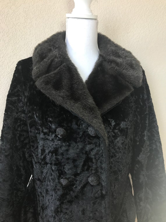 Vintage 70s Gray Crushed Velvet Faux Fur Trim Coat M
