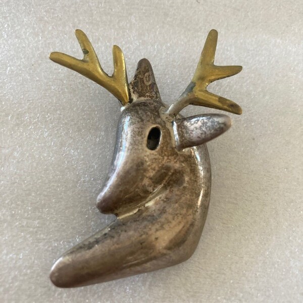 Sterling Silver Deer Stag Brooch Pin 2 Tone Reindeer