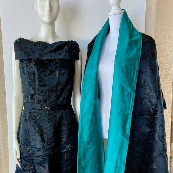 Asian Silk Formal Dress 2 PC Small Tiered Black Teal Embroidered Frog Detail w Reversible Wrap