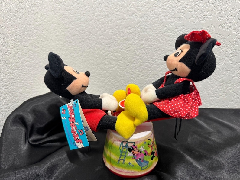 Vintage 1985 Applause Plush Mickey Minnie Mouse Seesaw Musical Toy Works 5950 image 1