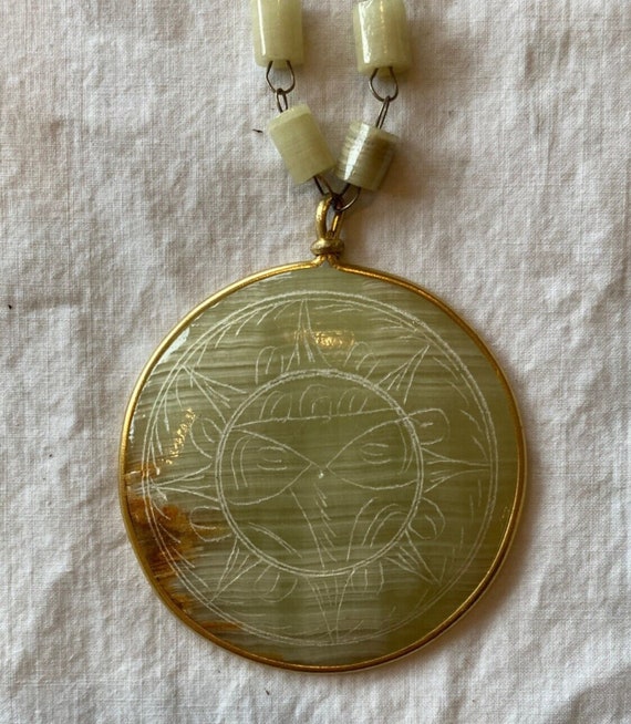 Aztec Mayan Medallion Pendant Necklace Stone Bead… - image 1