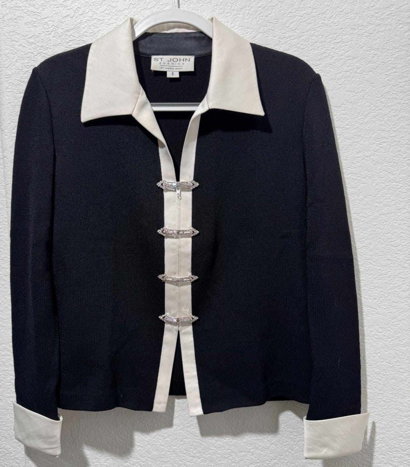 80s MARIE GRAY St.John ニットジャケット ビジューUSA製 St. John Collection By Marie Gray Knit Red Skirt Suit, Leather