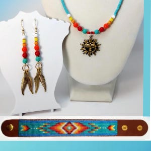 May include: A turquoise, orange, and red beaded necklace with a gold sun pendant. Matching earrings with gold feathers dangle from turquoise and red beads. A turquoise, orange, and red beaded bracelet with a brown leather strap.