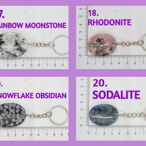Op de afbeelding: Vier ovale stenen sleutelhangers met zilveren sleutelringen. De stenen zijn regenboog-maansteen, rhodonite, sneeuwvlok-obsidiaan en sodaliet. Elke steen is ongeveer 5 cm lang en is gelabeld met zijn naam en nummer.