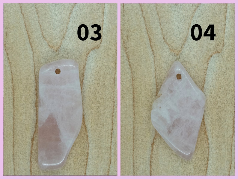 May include: Two pink rose quartz pendants with a hole at the top for stringing. The pendants are on a light wood background. The numbers 03 and 04 are visible in the top corners of the image.