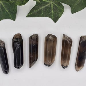 May include: Six polished, elongated smoky quartz crystal pendants. Each pendant is a different shade of brown, ranging from nearly black to light tan. They have a hole drilled at the top for stringing. The crystals are displayed on a white surface with green leaves.
