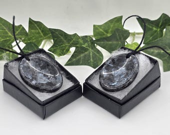May include: Two oval-shaped, dark gray pendants with black cords, presented in small black boxes with white filler. The pendants have a marbled appearance with silver and blue tones. Green leaves are in the background.
