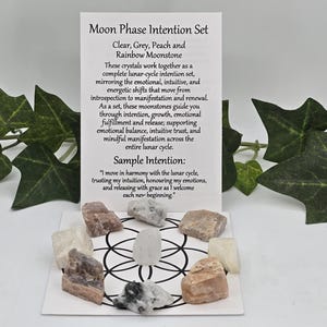 May include: A Moon Phase Intention Set featuring clear, grey, peach, and rainbow moonstones displayed on a white card with a geometric pattern. The card includes text explaining the set's function, with green ivy leaves in the background.