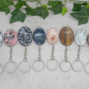 Op de afbeelding: Negen verschillende ovaalvormige edelsteen sleutelhangers met zilveren sleutelringen. De stenen zijn in verschillende kleuren en patronen, waaronder wit, roze, grijs, blauw, oranje, bruin, groen en rood.