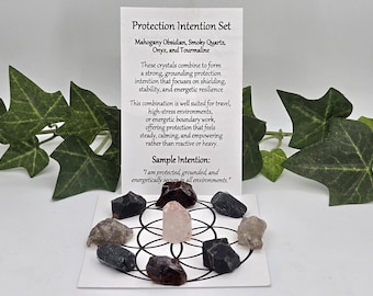 Protection gemstone intention set with two sided grid card