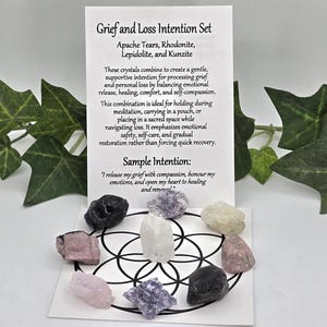 Grief and personal loss gemstone intention set with two sided grid card