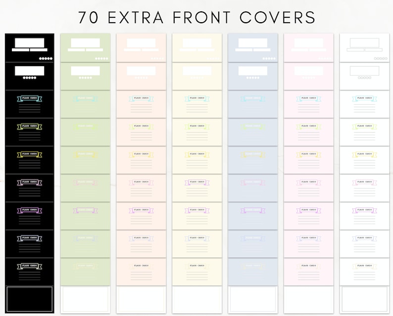 May include: 70 printable planner covers in black, green, pink, blue, and white with different ribbon designs. The covers have lines for writing and the text "PLACE CARDS" at the bottom.