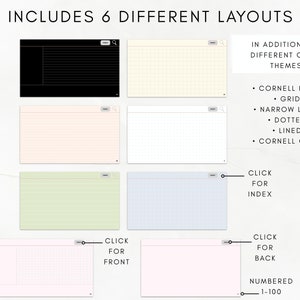 May include: Six different printable digital planner layouts, including Cornell lined, grid, narrow lined, dotted, lined, and Cornell grid.  The layouts are shown in different colors, including black, pink, green, and blue.  The text "Includes 6 Different Layouts" is at the top of the image.  The text "In addition to 7 different color themes!" is on the right side of the image.  The text "Click for Index" is on the right side of the image.  The text "Click for Front" is on the bottom left of the image.  The text "Click for Back" is on the bottom right of the image.  The text "Numbered 1-100" is on the bottom right of the image.