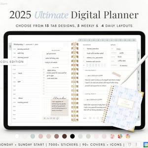 2025 Digital Planner | Thin Coil Version | Monthly, Weekly, Daily Planner, iPad Planner, Hyperlinked Digital Planner, Goodnotes Planner