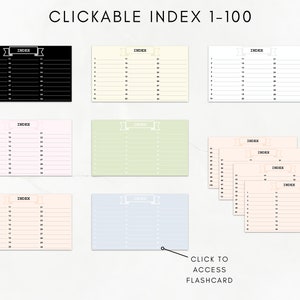 May include: A set of ten printable index cards with the text "CLICKABLE INDEX 1-100" at the top. The cards are in various colors, including black, white, pink, light blue, and green. Each card has a banner with the word "INDEX" at the top.