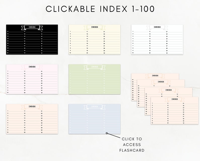 May include: A set of ten printable index cards with the text "CLICKABLE INDEX 1-100" at the top. The cards are in various colors, including black, white, pink, light blue, and green. Each card has a banner with the word "INDEX" at the top.