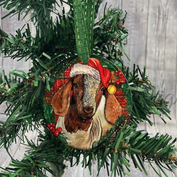 Boer Goat in Santa Hat Round Christmas Ornament