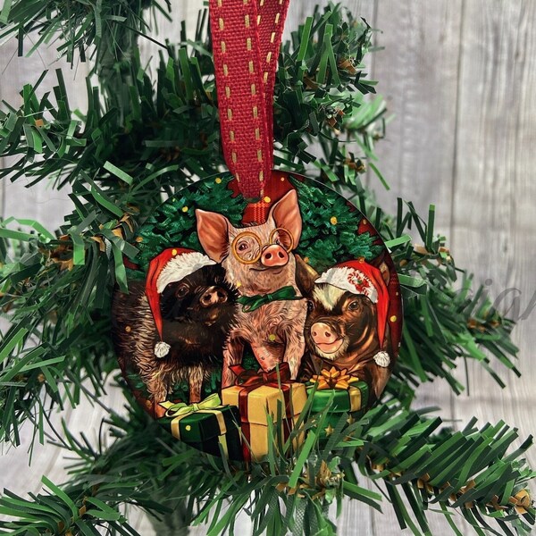 Christmas Pig Trio Round Christmas Ornament