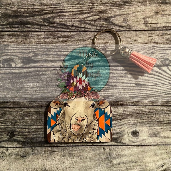 White Sheep/Lamb with Aztec Print Cow Tag Keyfob/Keychain