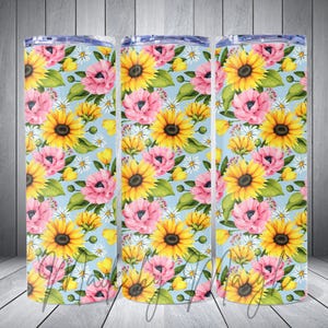 Sunflower and Pink Flower Floral Tumbler, 20oz skinny straight sublimation tumbler, cup, travel mug