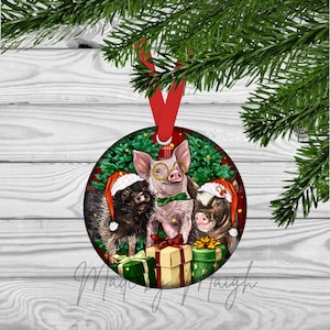 Christmas Pig Trio Round Christmas Ornament