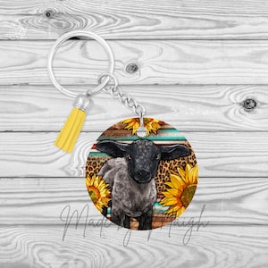 Black Young Lamb with Sunflowers Circle Keyfob/ Keychain