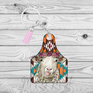 White Sheep/Lamb with Aztec Print Cow Tag Keyfob/Keychain