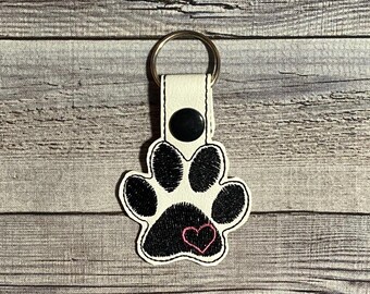 Paw Print with Heart Embroidered Key Chain / Key Fob