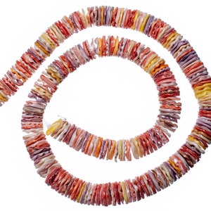 Op de afbeelding: Een lange streng kleurrijke schelp kralen, met tinten roze, oranje, geel en paars. De kralen zijn gestapeld en gelaagd, wat een textuur en een opvallende look creëert.