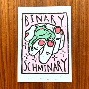 Binary Schminary - niet-binaire A6-briefkaartafdruk, illustratiekunst voor LGBT en Trans Pride
